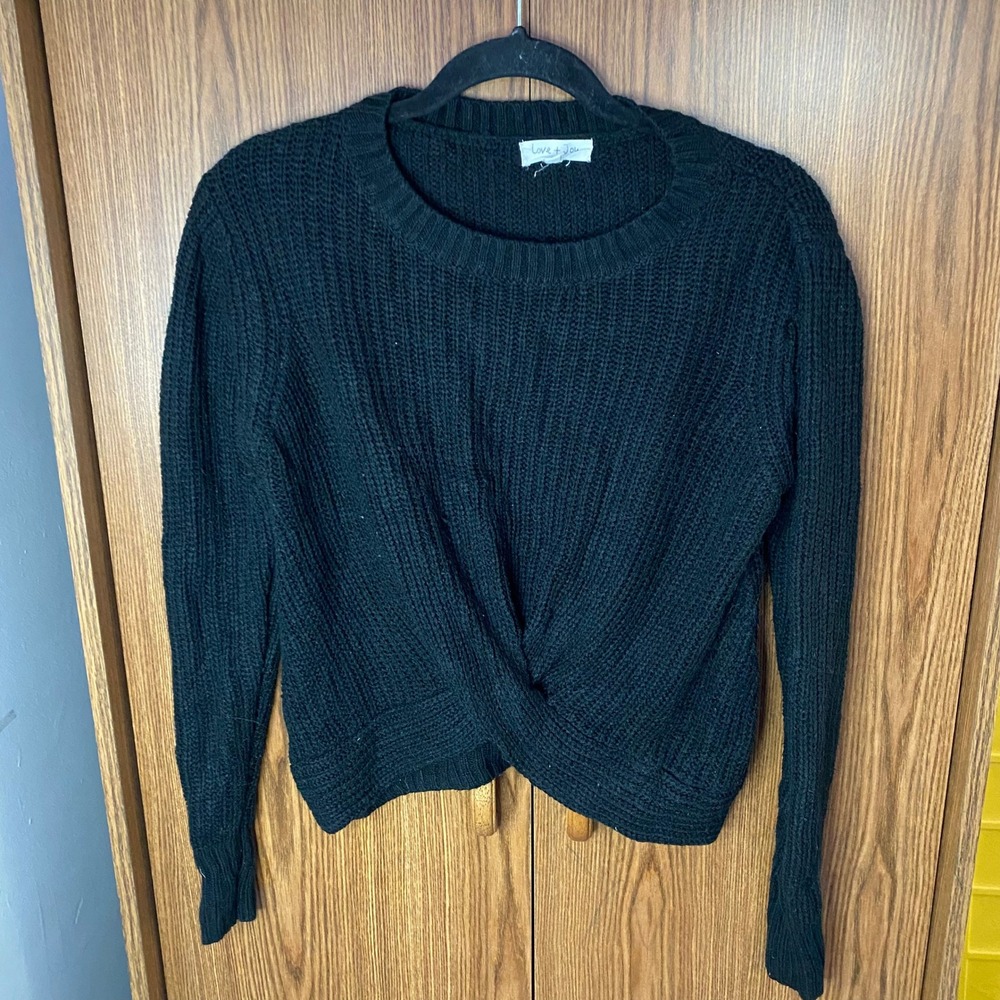 Love + Joy Twist Front Knit Sweater Womens Small Black Ribbed